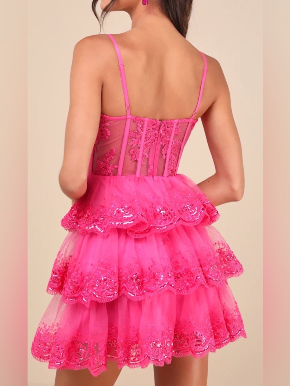 Lulus Dress Medium Tiered Lace Sequin Barbiecore Pink Corset Ruffle Party Mini - Picture 6 of 9